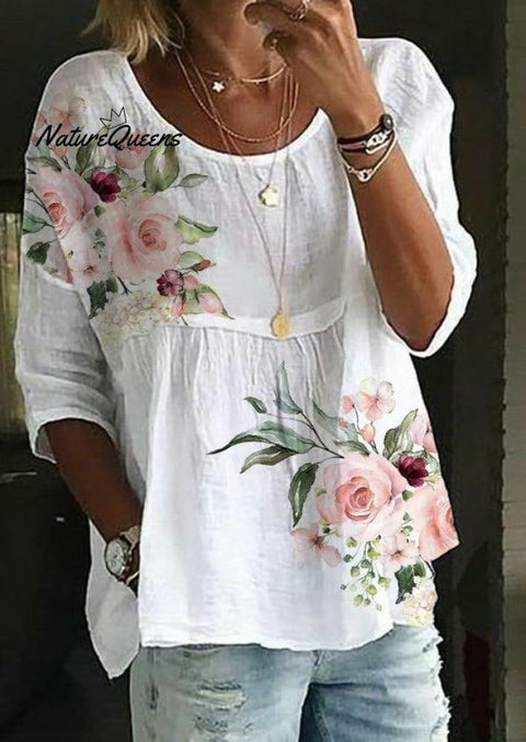 Pink Green Flower Print White Tunic Top