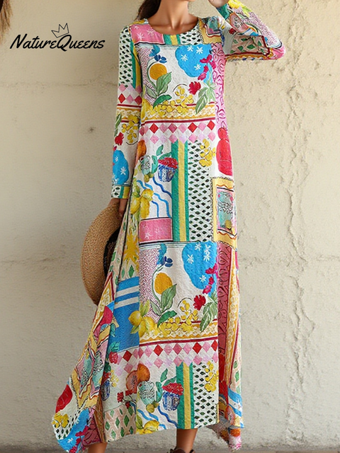 Women's Loose Plaid Lemon Print A-Line Dress