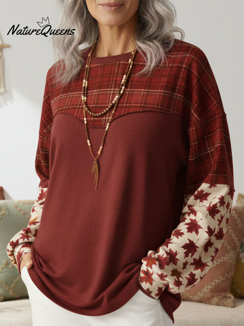 Bohemian Plaid Maple Leaf Print Cotton Top Sweatshirt