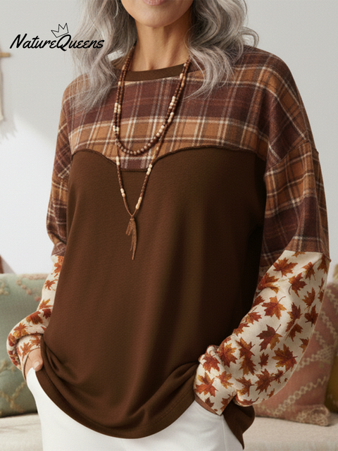 Bohemian Plaid Maple Leaf Print Cotton Top Sweatshirt