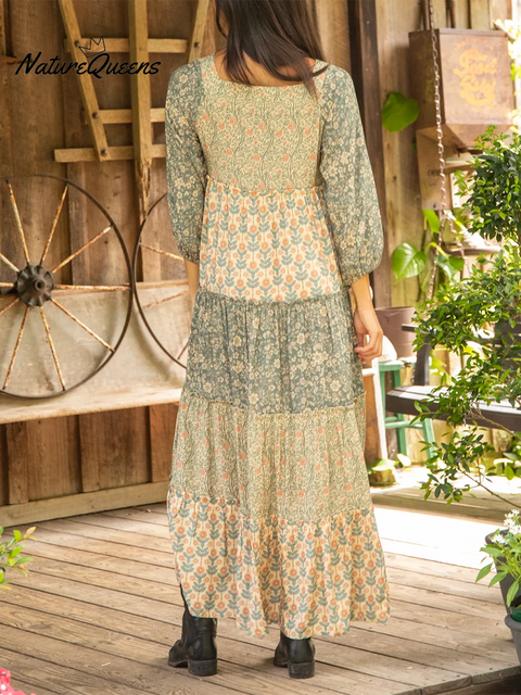 Square Neck Flower Patchwork Multi-layered Hem Midi Dress