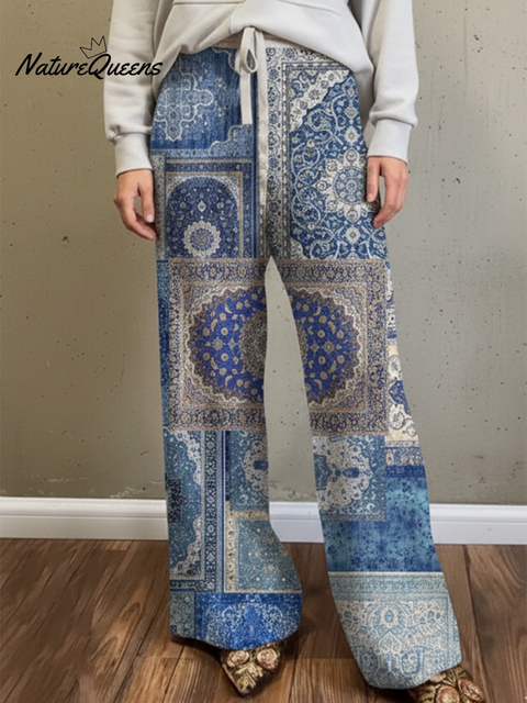 Women's Casual Retro Splicing Printed Knitted Wide-Leg Pants