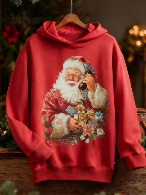 Cute Santa Claus Calling You Printed Cotton Hoodie