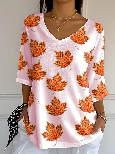 Women's Autumn Maple Leaf Print Jacquard Fabric Casual V-Neck Top