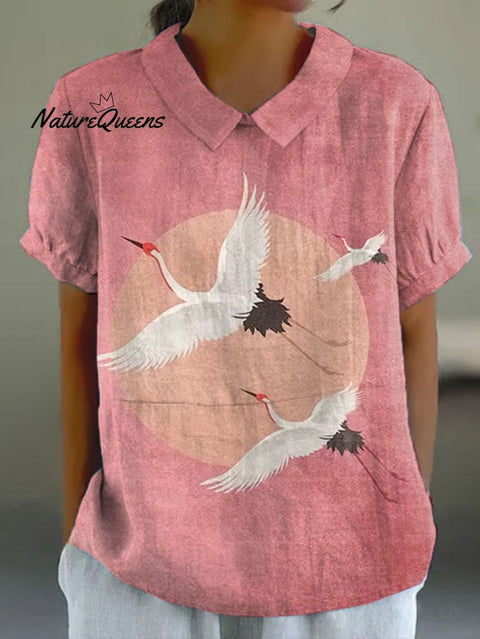 Japanese Pink Crane Art Short-sleeved Top