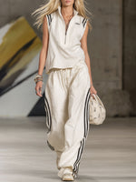 Color-blocked Top And Pants Cotton And Linen Set