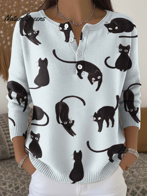 Black Cat Decorative Pattern Buttoned Cardigan Sweater