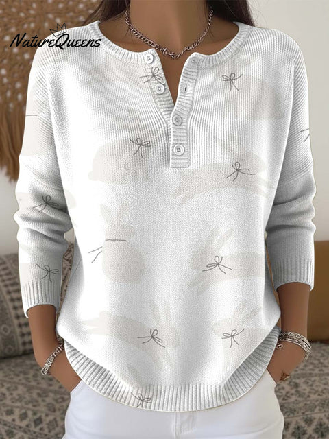 White Rabbit Decorative Pattern Buttoned Cardigan Sweater