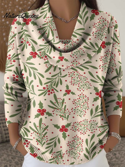 Christmas Plant Decoration Pattern Cowl Neck Sweater