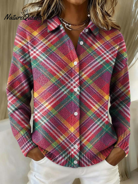 Pink Plaid Decorative Pattern Cowl Neck Sweater