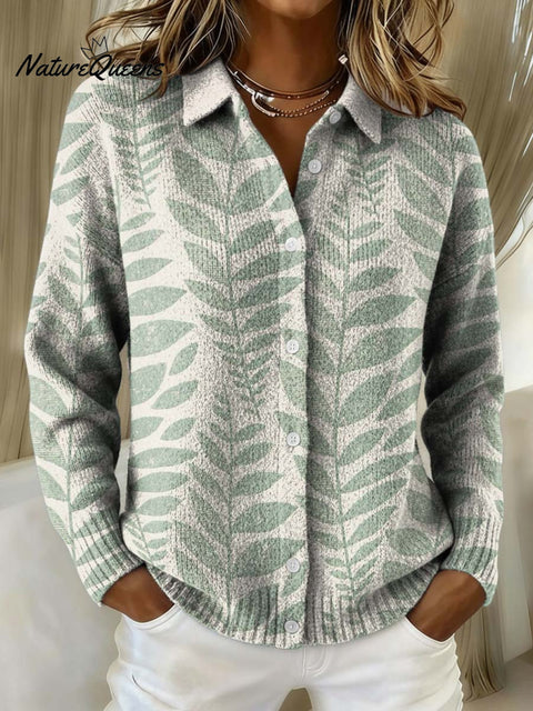 Fresh Plant Leaf Decorative Pattern Cowl Neck Sweater