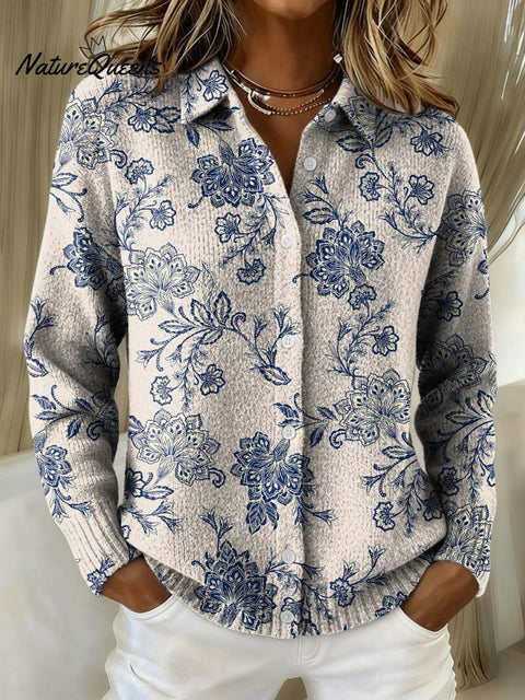Elegant Floral Decorative Pattern Cowl Neck Sweater