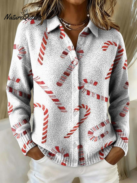 Christmas Candy Cane Decoration Pattern Cowl Neck Sweater