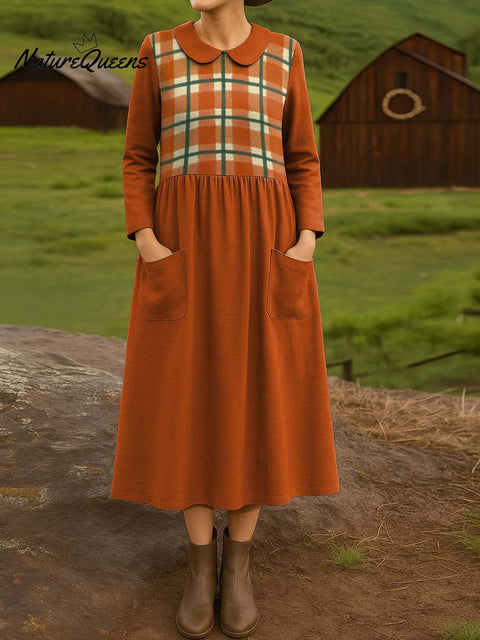 Fresh Orange Plaid Decorative Pattern Cotton Lapel Button-Down Shirt Dress