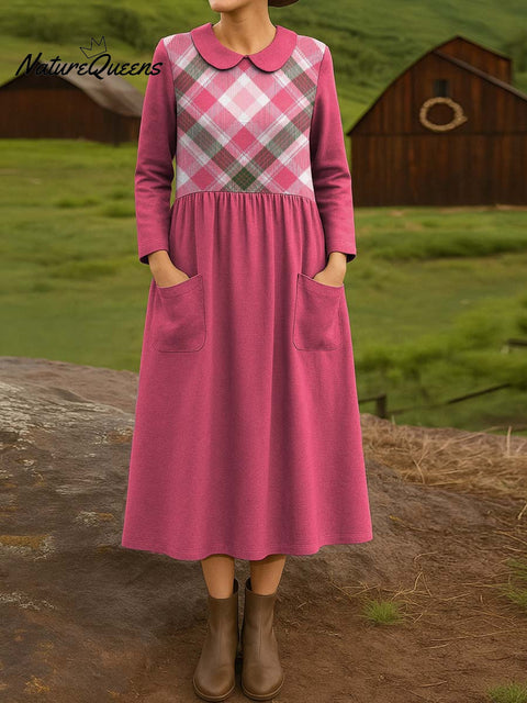 Pink Plaid Decorative Pattern Cotton Lapel Button-Down Shirt Dress