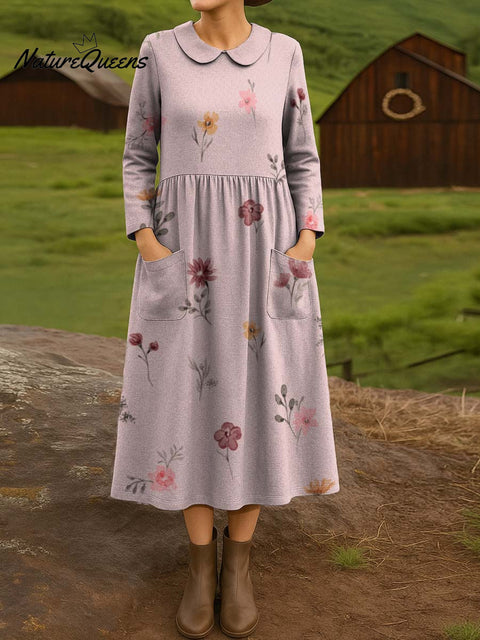 Light Pink Elegant Floral Decorative Pattern Cotton Lapel Button-Down Shirt Dress