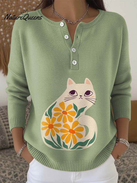 Flower and Cat Decorative Pattern Buttoned Cardigan Sweater