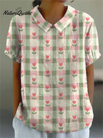 Women's Pink Floral Stripe Painting Art Print Casual Cotton And Linen 3/4 Sleeve Shirt