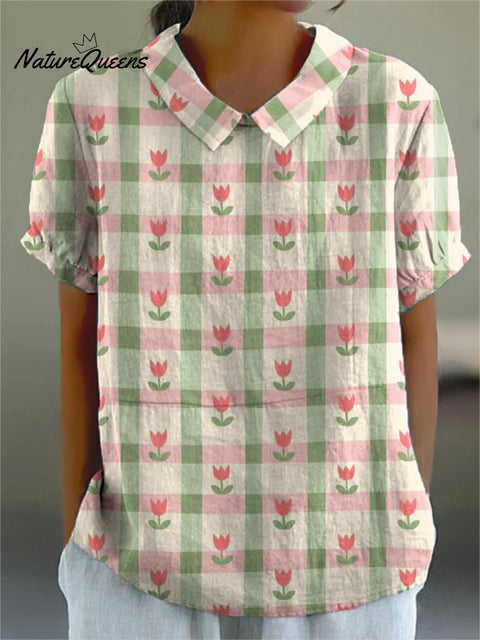 Women's Pink Floral Stripe Painting Art Print Casual Cotton And Linen 3/4 Sleeve Shirt