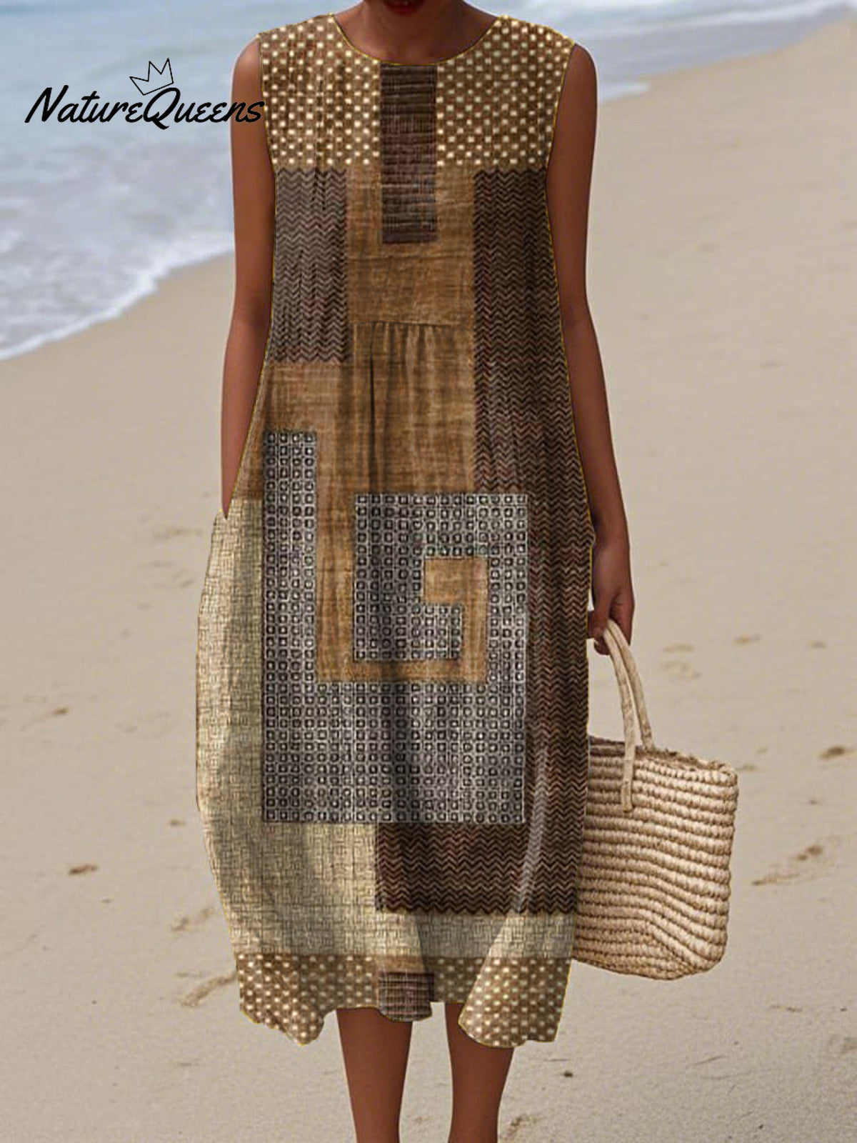 Women's Vintage Abstract Geometric Plaid Painting Art Print Sleeveless Cotton Pocket Wrap Dress