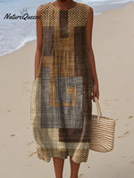 Women's Vintage Abstract Geometric Plaid Painting Art Print Sleeveless Cotton Pocket Wrap Dress