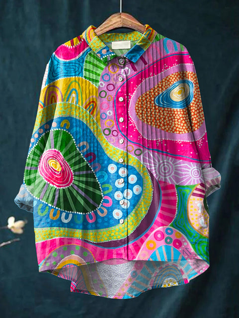 Women's Abstract Colorful Circular Geometric Painting Art Print Casual Cotton And Linen Ruffle Shirt