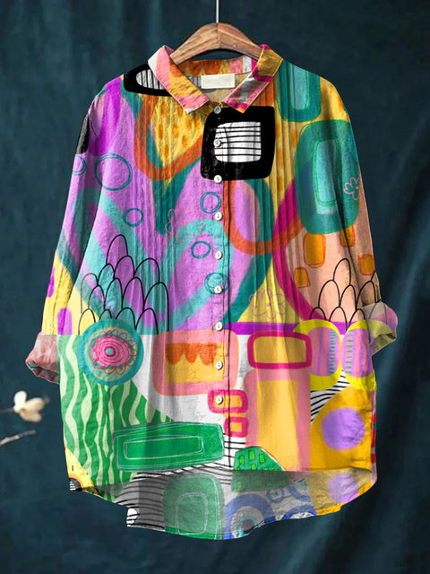 Women's Abstract Colorful Geometric Graffiti Painting Art Print Casual Cotton And Linen Ruffle Shirt