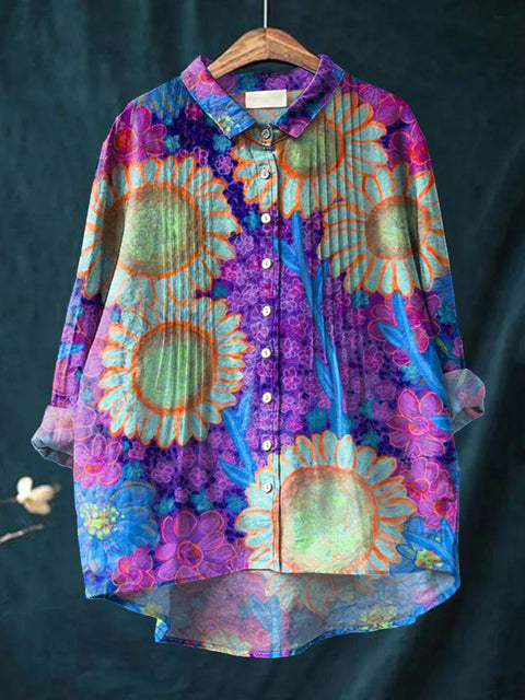 Women's Beautiful Large Flower Painting Art Print Casual Cotton And Linen Ruffle Shirt