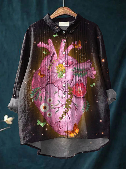 Women's Beautiful Abstract Heart Painting Art Print Casual Cotton And Linen Ruffle Shirt