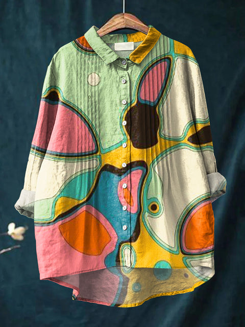 Women's Abstract Multicolor Block Painting Art Print Casual Cotton And Linen Ruffle Shirt