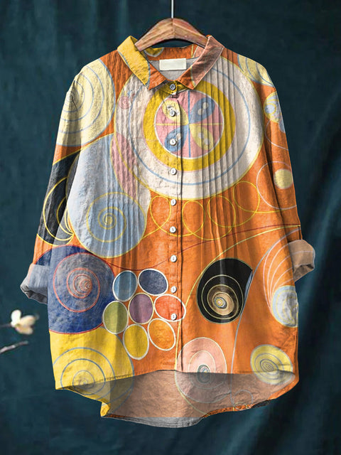 Women's Abstract Colorful Circular Geometric Painting Art Print Casual Cotton And Linen Ruffle Shirt
