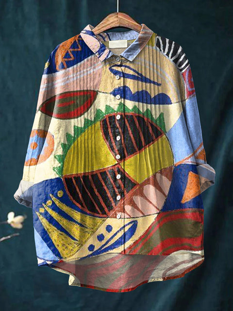 Women's Abstract Colorful Geometric Graffiti Painting Art Print Casual Cotton And Linen Ruffle Shirt