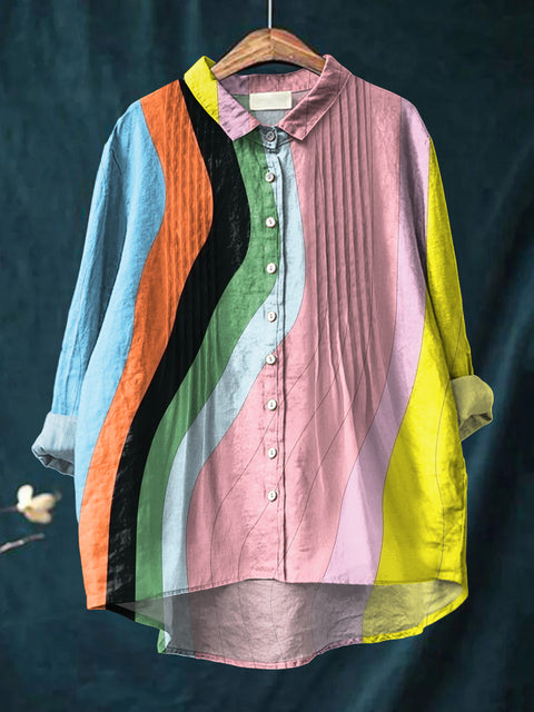 Women's Abstract Colorful Geometric Stripes Painting Art Print Casual Cotton And Linen Ruffle Shirt