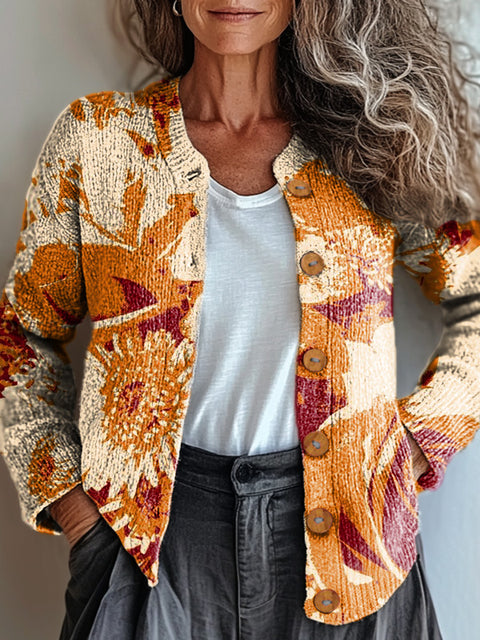 Abstract Floral Painting Art Print Buttoned Cardigan Sweater