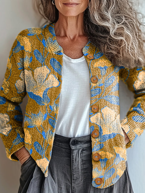 Abstract Floral Painting Art Print Buttoned Cardigan Sweater