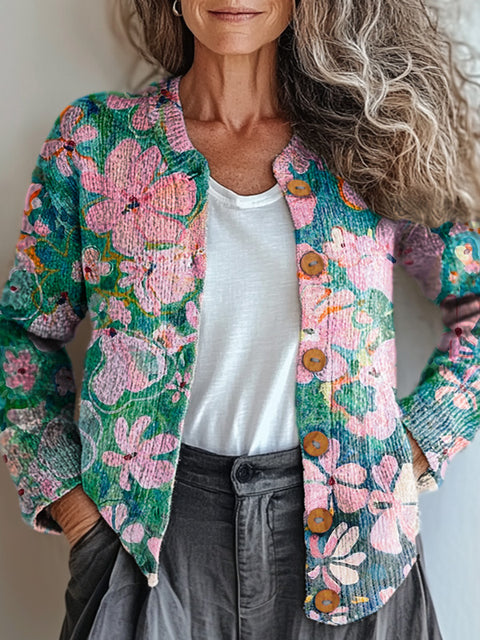 Beautiful Flower Painting Art Print Buttoned Cardigan Sweater
