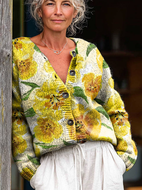 Beautiful Large Yellow Flower Painting Art Print Buttoned Cardigan Sweater