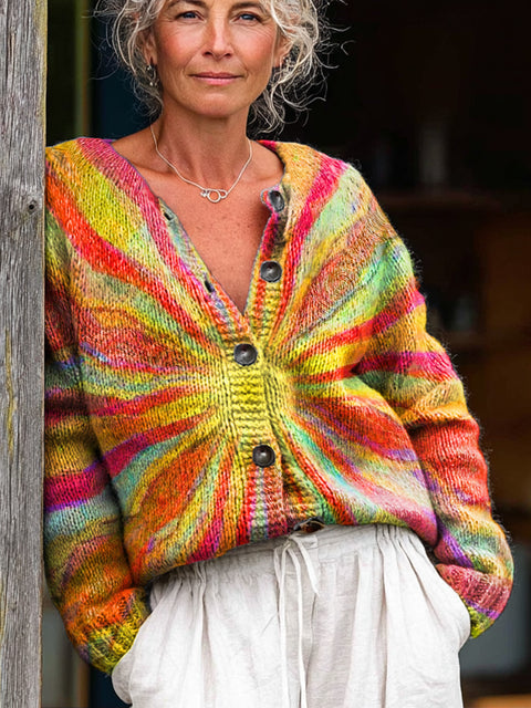 Beautiful Multi-Color Sun Painting Art Print Buttoned Cardigan Sweater