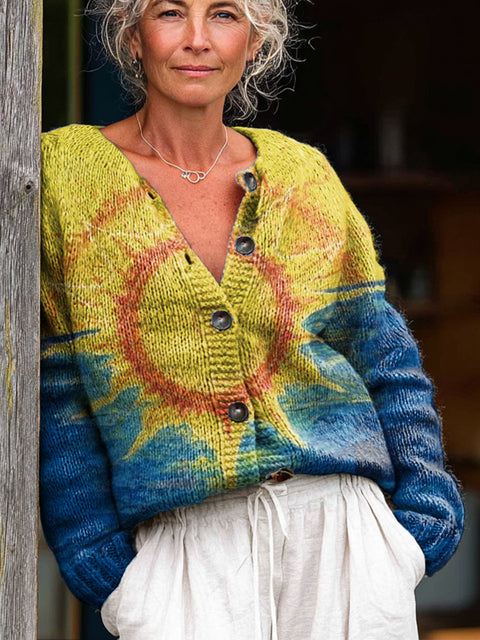 Beautiful Sun Rising Painting Art Print Buttoned Cardigan Sweater