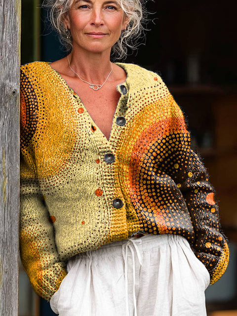Abstract Circular Polka Dot Painting Art Print Buttoned Cardigan Sweater