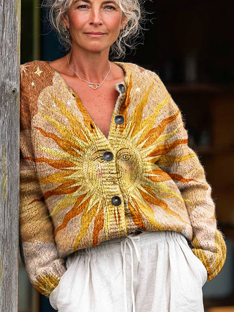 Beautiful Abstract Sun Painting Art Print Buttoned Cardigan Sweater