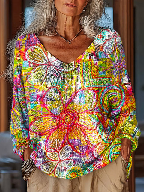 Women's Abstract Colorful Large Flower Love Painting Art Print Casual Pullover Sweater