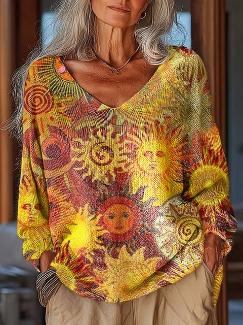 Women's Abstract Sun Painting Splice Art Print Casual Pullover Sweater