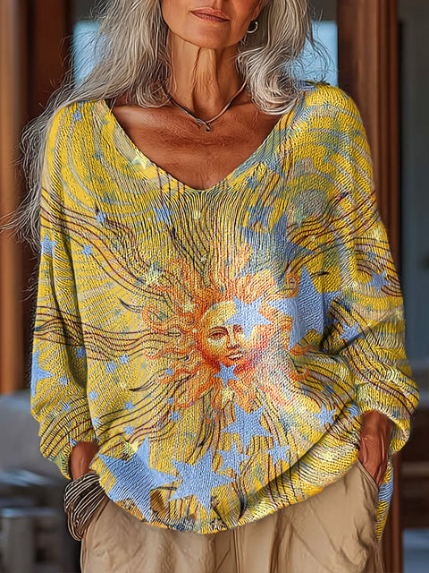 Women's Abstract Sun Painting Art Print Casual Pullover Sweater