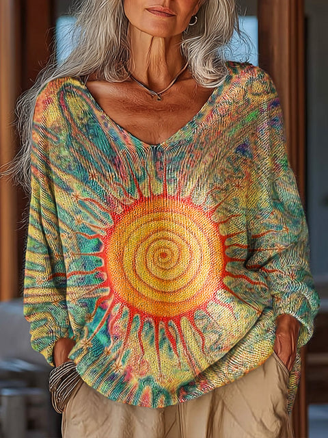 Women's Abstract Sun Painting Art Print Casual Pullover Sweater