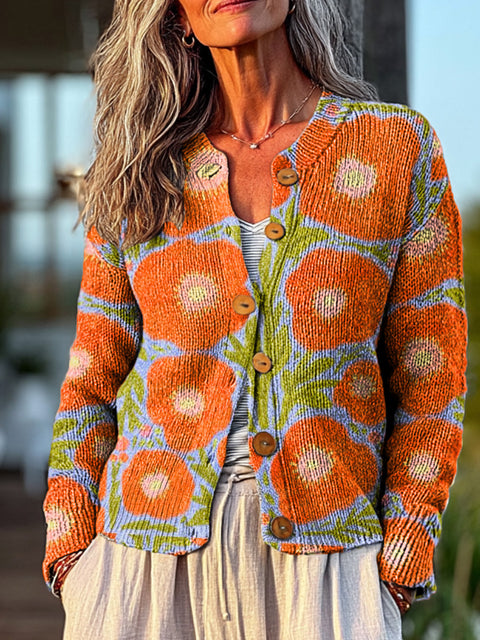 Abstract Large Flower Painting Art Print Buttoned Cardigan Sweater