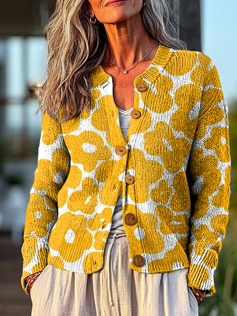 Abstract Yellow Floral Painting Art Print Buttoned Cardigan Sweater