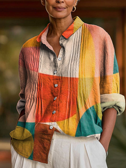 Women's Abstract Geometric Multicolor Block Painting Art Print Casual Cotton And Linen Ruffle Shirt