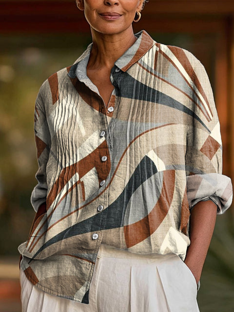 Women's Abstract Geometric Stripes Painting Art Print Casual Cotton And Linen Ruffle Shirt