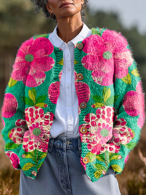 Beautiful Bright Large Flower Painting Art Print Buttoned Cardigan Sweater